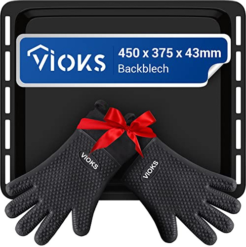 VIOKS Backblech Tief + 2x Grillhandschuhe Ersatz für Whirlpool 481010657928 | Blech, Emailiert Hoch, 450x375x43 mm, Silikon Ofenhandschuhe Hitzebeständig, für Backofen BBQ