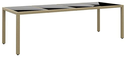 vidaXL Gartentisch, Garten Esstisch mit Glasplatte Stahlrahmen, Terrassentisch Rechteckig, Gartenmöbel Tisch Balkontisch, Beige Poly Rattan