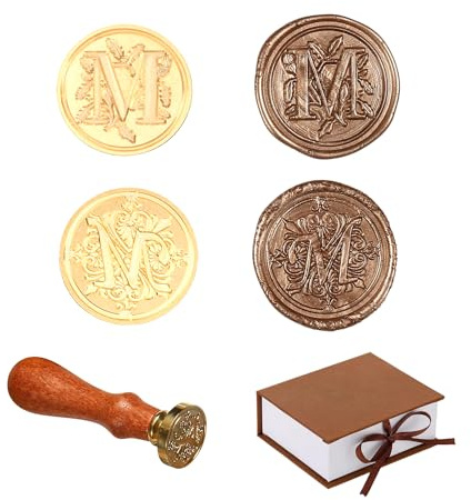 Comealltime 2 Stück Retro Alphabet Siegelwachs Stempel, A~Z Initialen Wachs Stempel mit Holzgriff, Vintage 26 Buchstabe 25mm Abnehmbarer Messingkopf Für Invitations Cards Gift Wrapping Decor(Letter M)
