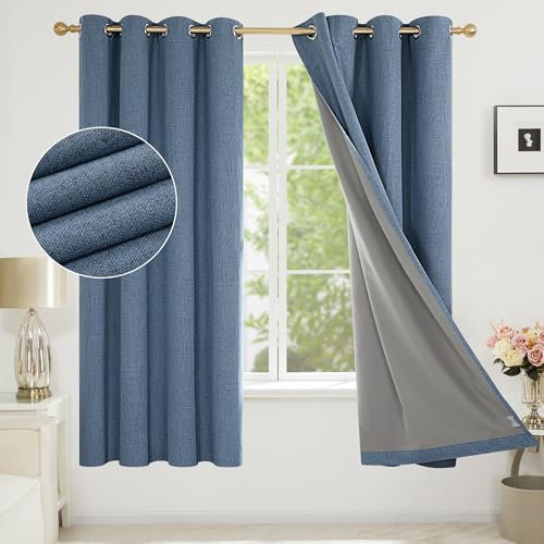 Deconovo Full Blackout Curtains with Coating, Faux Linen Thermal Insulated Eyelet Curtains for Bedroom, 46 x 72 Inch(W x L), Blue, 1 Pair