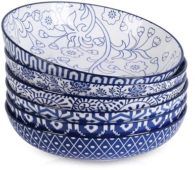 Selamica Ceramic Pasta Bowls Set 34 OZ, Large Salad Bowls 8.6 Inch Dinner Bowls for Kitchen, Wide Shallow Bowls Deep Plates for Pasta Soup, Microwave & Dishwasher Safe, Set of 6, Vintage Blue