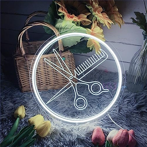 FINOTI Salon de Coiffure enseigne néon Haircut Scissor LED Neon Light Sign Gravure 3D néon Barbershop Ciseaux Peigne enseigne Lumineuse Barber Shop Ouvert enseigne Lumineuse LED,A,40x40cm