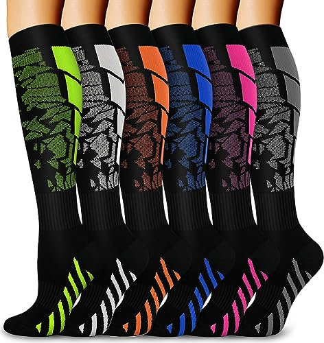 BLONGW 6 Paar Kompressionsstrümpfe Damen und Herren Kniestrümpfe Sport Stützstrümpfe Kompressionssocken für Flug Thrombosestrümpfe Laufen Reisen