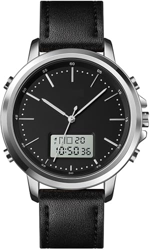 findtime Armbanduhr Herren Analog Digital Herrenuhren Schwarz Lederarmband mit Stoppuhr 12/24H LED Kalender Woche Datumsanzeige Klassische Elegantes Design