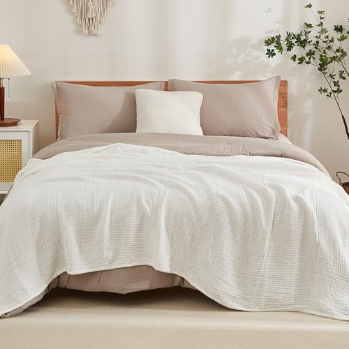 EMME Coperta in mussola per adulti 100% cotone, 274 x 228 cm bianco, copriletto estivo per divano, coperta in garza traspirante per tutte le stagioni, coperta di cotone morbida e leggermente prelavata