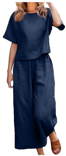 NSICBMNO Summer Co Ord Sets für Damen, Baumwoll-Leinen-Anzüge, übergroße T-Shirts, kurzärmelig, Rundhalsausschnitt, weites Bein, Loungehose, Palazzo-Hose, 2-teiliges Lounge-Set, Trainingsanzüge,