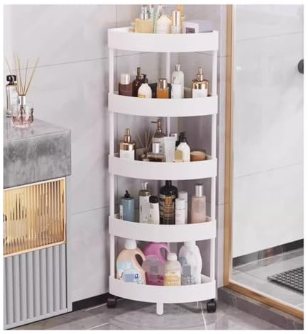 ASHSDI Eckregal Ständer, 5-stufiges Eckregal Mit Rollen, Ecklagerregal, Kunststoff-Eckregale Für Wohnzimmer, Badezimmer, Küche Eck-Bücherregal für Wohnzimmer(Color:White)