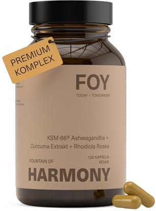 FOY® Harmony - Ashwagandha KSM-66® vegan – 120 Kapseln mit Rhodiola Rosea, 95 % Curcuminoide, Vitamine B1 & B2 – natürlich, hochdosiert, laborgeprüft
