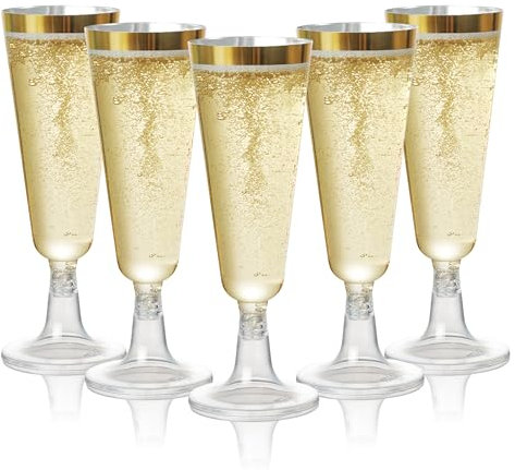 MATANA 48 Copas de Champán de Plástico con Borde Dorado, 150ml - Flautas de Champán - Vasos de Plástico Reutilizables y Resistentes para Cócteles, Postres - Bodas, Cumpleaños, Fiestas