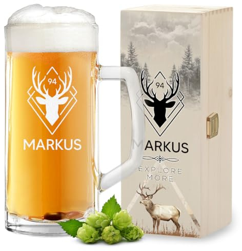 polar-effekt Bierkrug 0,5 Liter und Holzbox als personalisiertes Geschenk - Geschenke für Männer - zum Geburtstag und Jubiläum - Glas für Bier, Pils, Lager und Export