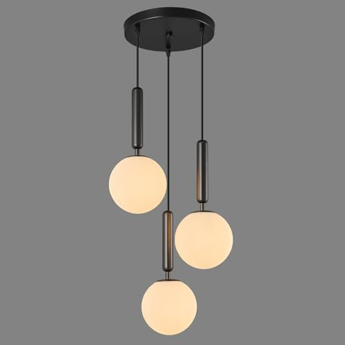 ZPBSJ Moderne Schwarze Pendelleuchte für Kücheninsel Mid Century Pendelleuchten mit Kugel milchig weißes Glas Pendelleuchte für Esszimmer Bad Eingang Schlafzimmer(3-Licht)