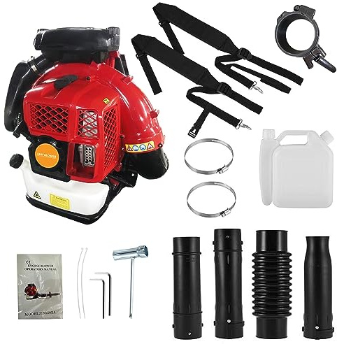 JENPECH Rucksack-Laubbläser gasbetrieben, 80CC Akku-Laubbläser für Rasenpflege, Schneefräse, Laubvolumen, 2-Takt-Motor, 2,3 l Kraftstofftank, 6800 U/min, Gebläse für Straßenreinigung (80 cc Rot)