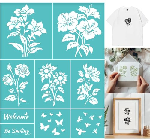 GOMAKERER 2 Stück Siebdruckschablone Mit Blumenrändern Wiederverwendbare Selbstklebende Siebdruck Schablone Mit Blumen Und Schmetterlingsmuster Netz Transfers Zum Malen Auf Holz Stoff DIY T Shirt