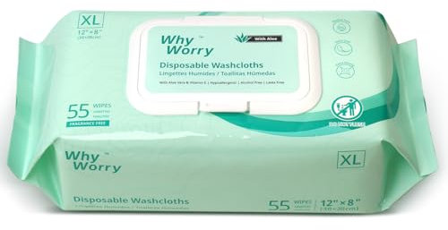 WhyWorry XL Feuchttücher für Erwachsene, 20x30 cm Extra Dick Körper Reinigungstücher für ältere Inkontinenz & Pflege, Extra Groß Pflegetücher mit Aloe Vera & Vitamin E, Parfümfrei, 55 Stück