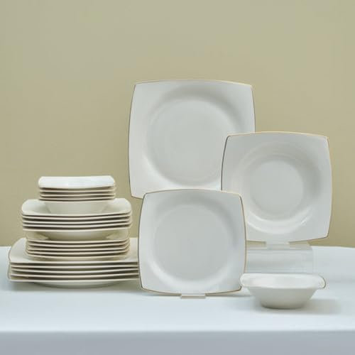 Karaca Square Mensa 24-teiliges Geschirrset für 6 Personen, Elegante quadratische Teller Set, elegantes Porzellan-Geschirr in Weiß mit Goldakzenten