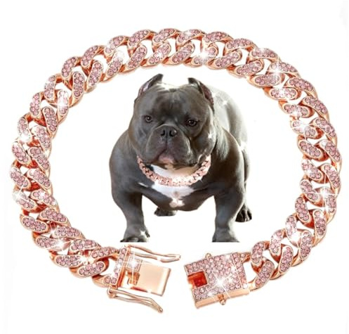 Cuban Link Dog Collar Rose Gold Crystal Studded Luxury Metal Chain Collar with Secure Buckle, Adjustable Jewelry Pet Necklace for Small, Medium, Large Dogs Cats (Rose Gold, 8 Inch)