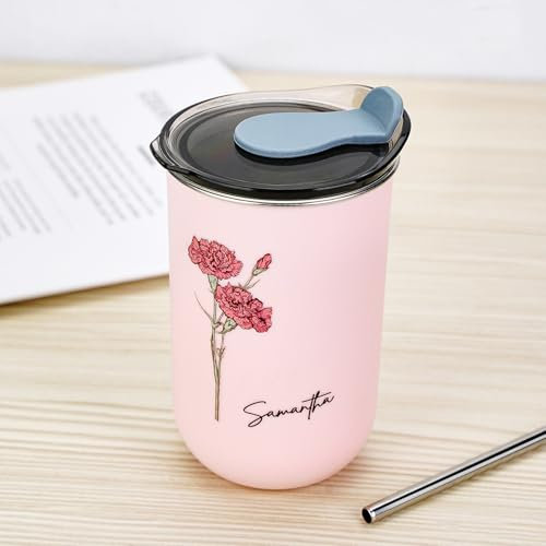 Borraccia Termica Personalizzata con Nome e Fiori Mese Nascita Tazza da Viaggio e Caffè con Cannuccia Antigoccia, Thermos Isolante Leggero Regalo Compleanno/San Valentino/Natale Ufficio (Multicolore)