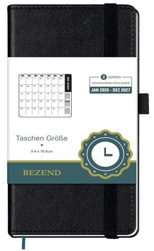 (auf Deutsch) BEZEND 2 Jahres Monats-Taschenkalender 2026/2027(Jan 26-Dez 27) A6 16,8 x 9,4 cm, Kleiner Monatskalender 1 Monat 2 Seiten mit PU-Leder Hardcover, Schwarz