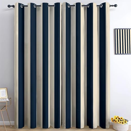 DécorationRayures Verticales Modernes, Rideaux Longs140L X 260H cm (2 Panneaux), Tissu Occultant Gris Clair pour Baie VitréeBleu Marine Crème