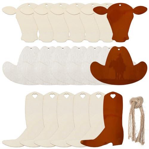 SOFPLATE 30 Stück 3 Stile Holz Cowboyhut Western Holzausschnitte Mit 30 Stück Seilstiefel Rinderfarmtier BurlyWood Unvollendete Blanko Hängende Ornamente Anhänger Für DIY Malprojekt Party Baum Kunst D