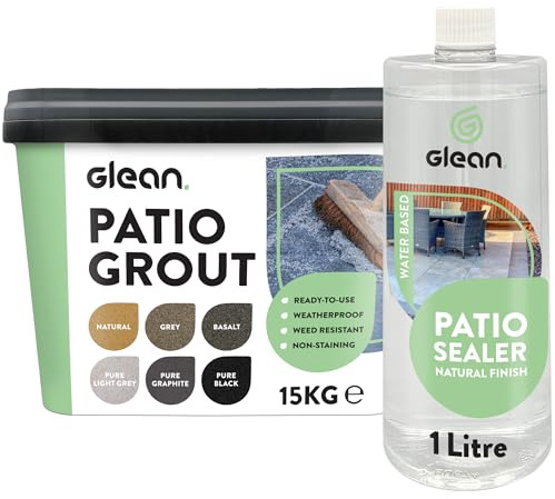 GLEAN Patio Grout PURE GRAPHITE 15kg + Patio Sealer Natural Finish 1 Litre | Jointing Compound | Brush In Patio Grout For Paving Patios & Block Paving + Water Based Sealer