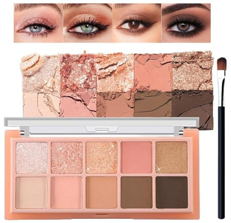 10 Colors Eyeshadow Palette, Highly Pigmented Pink Glitter & Matte Eye Shadow Includes Brushes, Blendable & Long Lasting, Korean Makeup Palette with Shimmer Finishes (Gilliter Pink)