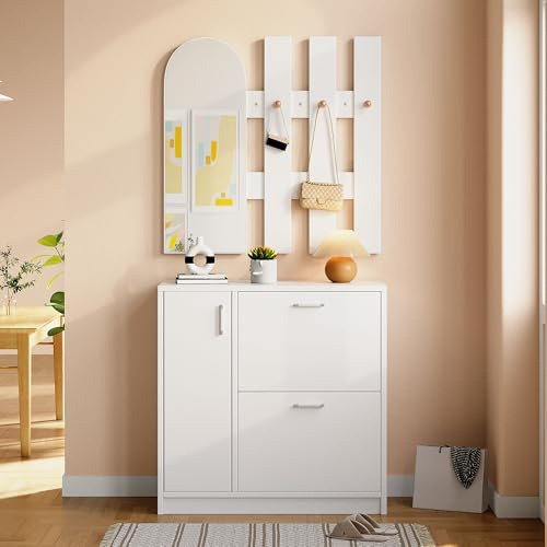 Zapatero blanco con puertas plegables, mueble de almacenamiento con espejo con ganchos, elegante nizer para sala de estar, 2 paneles plegables y puerta corredera, diseño que ahorra espacio