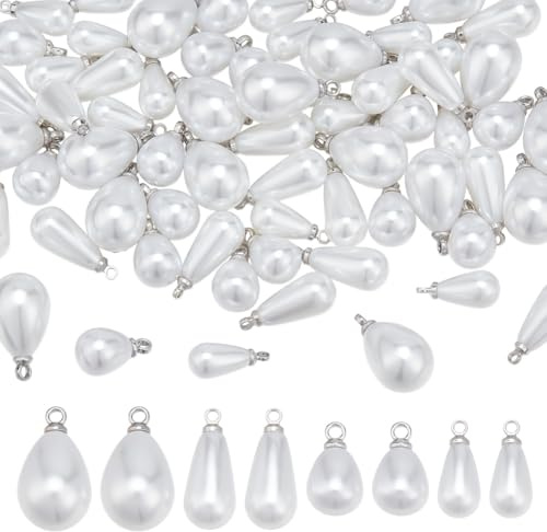 PH PandaHall 64pcs 4 Sizes Teardrop Pearl Pendant Charm White Pearl Dangle Charms Water Drop Teardrop Pendants Baroque Pearls Beads Charms for DIY Necklace Earring Bracelet Jewellery Making