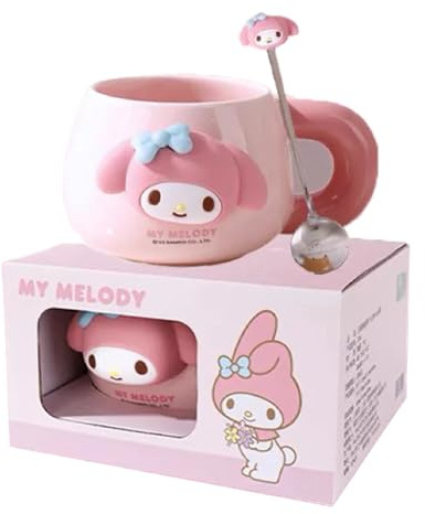 Starry Mart X&W Japanese Cute Character Ceramic Mug with Spoon 500ML – Cute Japanese Character Coffee & Tea Cup | Gift Set (Pink)
