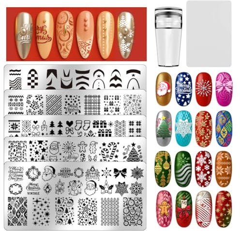 UNICRAFTALE 5 Stück Nagelstempelplatten Weihnachtsvorlagen Set Mit Texturen Stempelschablonen Bilder Nail Art Platten Für DIY Maniküre Salon Design Frauengeschenk