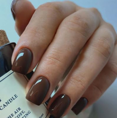 Ceboic 24 Pièces Marron Faux Ongles Autocollants, Français Press on Nails Carrée Courts, Élégant Couleur Unie Couverture Complète Ongles Acrylique, Réutilisables Ongles à Coller pour Femmes Filles