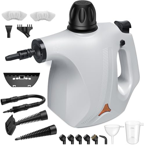 Cawevon Limpiador a vapor portátil con cierre de seguridad y 14 accesorios en 9 estilos diferentes para cocina, automóvil, textiles, baño, azulejos y estufas. (blanco)