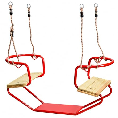 Balançoire double pour enfants face à face, balançoire double siège stable en métal et bois, résistante aux intempéries, cordes réglables en hauteur de 1,1 à 2 m, anneaux de fixation galvanisés