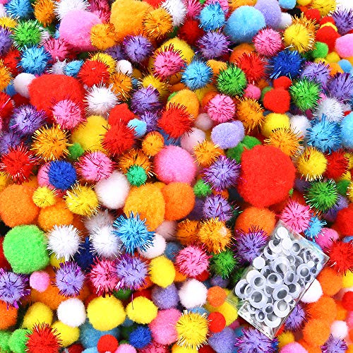 Caydo 2000 Pieces 6 Sizes Pom Poms, Glitter Pompom Balls with Wiggle Eyes for Kids Creative Crafts Projects Making and Mother's Day Decorations
