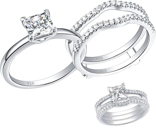SHELOVES Solitaire Princess CZ Engagement Rings Set for Women Wedding Rings Enhancers band 925 Sterling Silver Sz 8.5