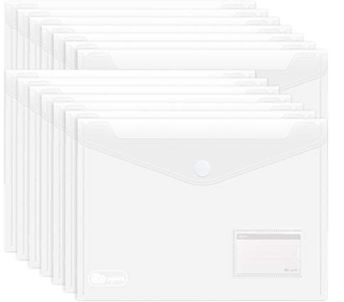 ABSOFINE 25 Pack Transparent Plastic Envelope Folders, A4 Letter Size, 100% Clear, Hook & Loop Closure, Label Pocket, Easy Storage
