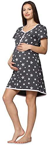 Be Mammy Camicia da Notte Premaman Funzione Allattamento BE20-175 (Grafite Stelle Rosa, S)