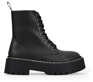 BOSANOVA Botas Militares Estilo Punk confeccionadas en Piel Vegana con Plataforma Dentada y Cordones hasta la Parte Superior. Cierre con Cremallera. Calzado para Mujer Negro 40