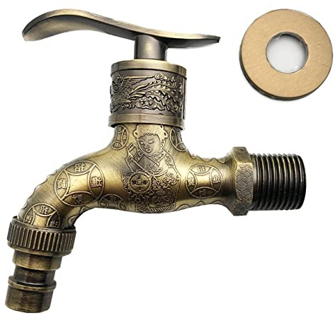 Rubinetto da parete retro in ottone, antico rame scolpito, per bagno, cucina, lavandino, vasca da bagno, giardino, lavatrice (bronzo)