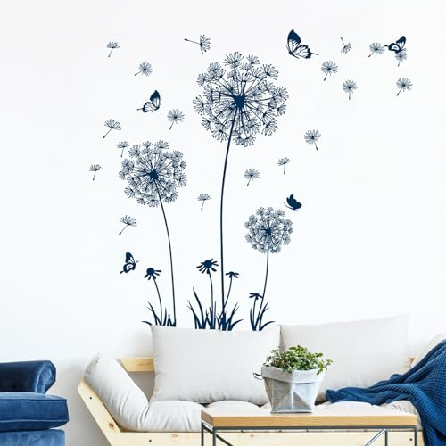 Tanlaby Stickers Muraux Pissenlit Bleu Autocollants Muraux Fleurs Bleu | Sticker Mural Pissenlit Papillons pour Salons Chambres Bureaux Canapé Fond Décoration Murale De La Maison
