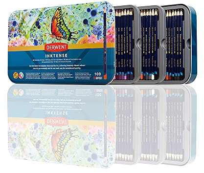 Derwent Inktense pennor konstset, 100 permanenta akvarellpennor set i burk, premiumfärgade pennor för vuxna, vattenlöslig outplånlig pennsamling, 4 mm kärna, professionell kvalitet (2306130)