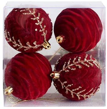 Weihnachtskugeln, 4 Stück Christbaumkugeln, Rote Samt Weihnachtsbaumkugeln mit Pailletten und Perlen für Weihnachts- & Hochzeitsfeierdeko, Weihnachtsbaumschmuck, Christbaumschmuck (4 Stück - 8cm A)