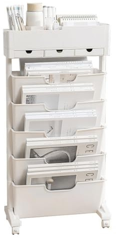 SINBINTA Mobiles Bücherregal mit 6 Etagen, Beige | Abnehmbarer rollender Bücherwagen mit 3 Schubladen, Bücherregal, Zeitschriftenständer für Büro, Wohnheim