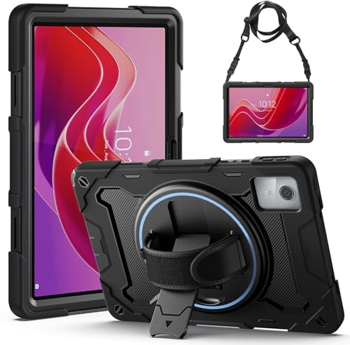 Gerutek Funda Anticaída para Lenovo Tab M11 2024/K11e/K11 LTE 11, Negro | TB-330FU/331FC/330XU, Carcasa Rugosa con Soporte 360° Giratorio, Correa de Mano/Hombro, Portalápiz, Funda para Lenovo Tab M11
