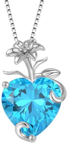YL Collier Cœur Argent 925 taillé Mars Pierres de Naissance Aigue-marine Fleur de lys Pendentif pour Femme