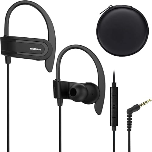 MOXKING Wired Earhook Sport Earphones with Microphone & Volume Control | Sweatproof Ear Hook Design with Carrying Case, Ideal for Running, Gym Workouts and Sports with Mobile Devices