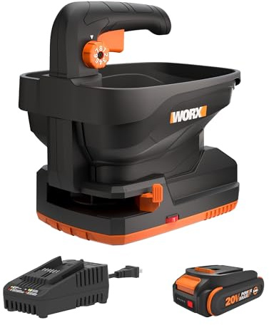 WORX 20V Cordless Seed Spreader 6-Speeds 5-Ft. Max Distance, Fertilizer Spreaders 8 Flow-Rate Settings, Broadcast Spreader Easier Than Hand Spreaders for Lawns WG869 – Battery & Charger Included