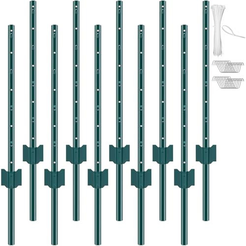 VEVOR 3 Feet Fence Post, 10 Pack T-Post Heavy Duty Metal Fence Posts with 20 Zip Ties & 20 Clips, Sturdy Steel Fence Stakes for Garden Yard, Lawn, Farms and Outdoor Wire Fencing, Green