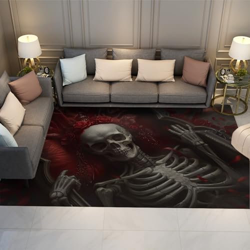 LANDERSION Eleganter Totenkopfteppich Rotes Hochzeitskleid Skelett Brautbereich Teppich Weicher Innenraum Rutschfester Teppich für Küche Wohnzimmer Esszimmer 140x200cm