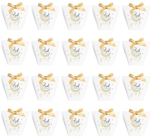 Eid Mubarak Geschenkboxen,20 Stück Papier Eid Mubarak Geschenkkartons,Ramadan Geschenktüten Süßigkeiten Boxen Taschen für Muslim Ramadan Islamic Party Decor (Weiß Mond Muster)